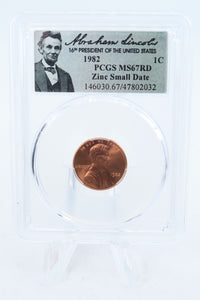 1982-P PCGS MS67RD Zinc Small Date Lincoln Memorial Cent Business Strike 1C