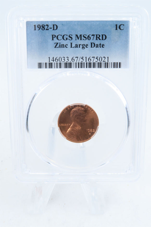 1982-D PCGS MS67RD Zinc Large Date Lincoln Memorial Cent Business Strike 1C