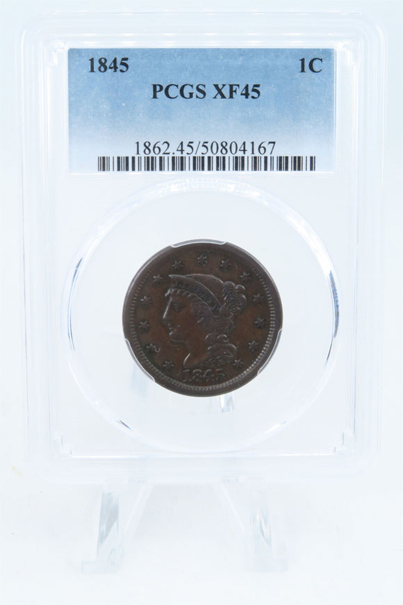 1845-P PCGS XF45BN Braided Hair Cent Business Strike 1C