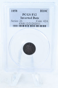 1858-P PCGS F12 Over Inverted Date Seated Liberty Half Dime H10C