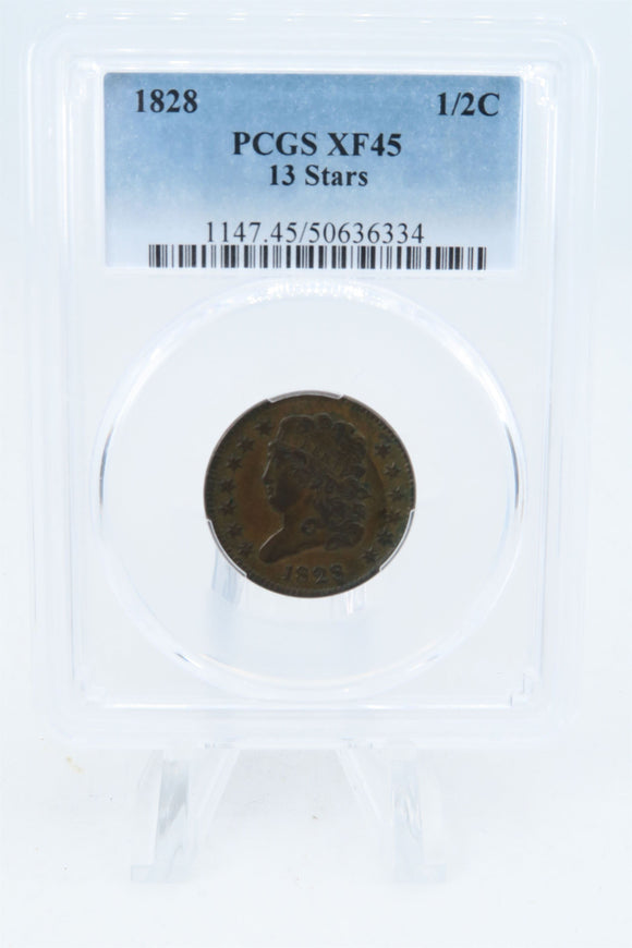 1828-P PCGS XF45BN 13 Stars Classic Head Half Cent Business Strike