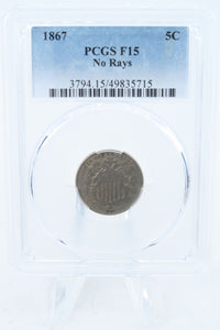 1867-P PCGS F15 Shield Nickel Business Strike 5C