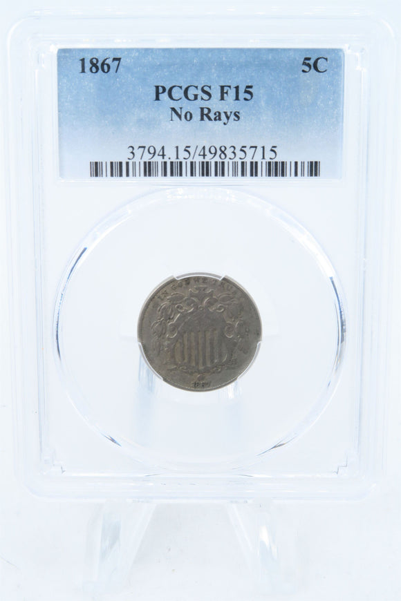 1867-P PCGS F15 Shield Nickel Business Strike 5C