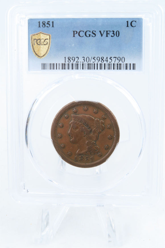 1851-P PCGS VF30BN Braided Hair Cent Business Strike 1C