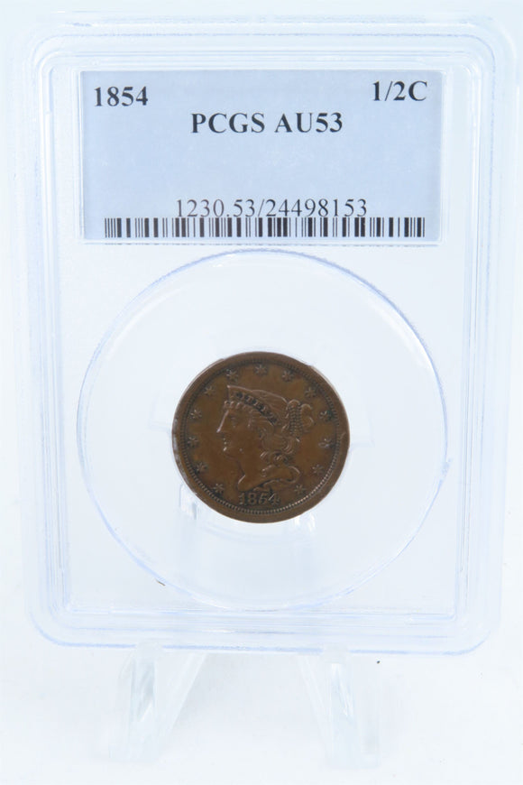 1854-P PCGS AU53BN Braided Hair Half Cent Business Strike 1/2C