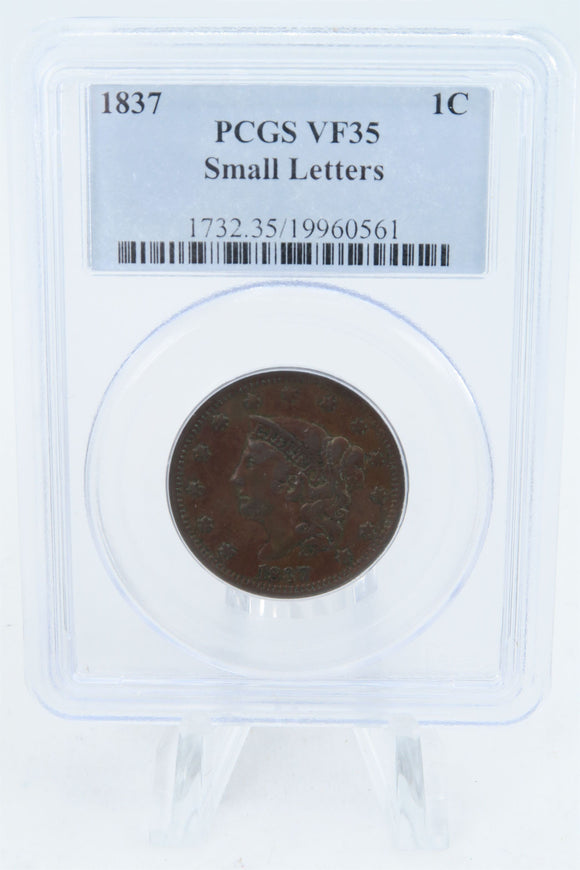 1837-P PCGS VF35BN Small Letters Coronet Head Cent Business Strike 1C