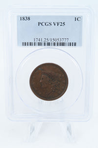 1838-P PCGS VF25BN Coronet Head Cent Business Strike 1C
