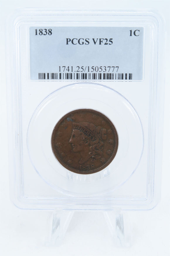 1838-P PCGS VF25BN Coronet Head Cent Business Strike 1C