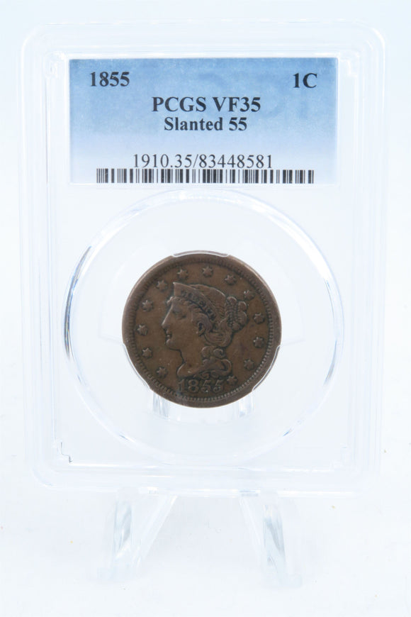 1855-P PCGS VF35BN Slanted 55 Braided Hair Cent Business Strike 1C