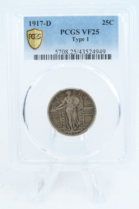 1917-D PCGS VF25 Type 1 Standling Liberty Quarter Business Strike 25C