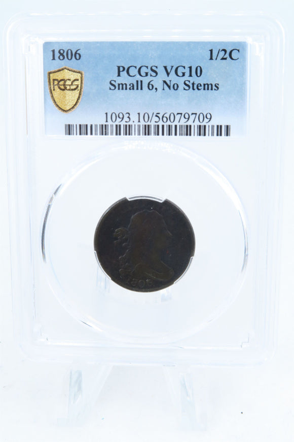 1806-P PCGS VG10BN Small 6 No Stems Draped Bust Half Cent Business Strike