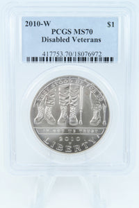 2010-W PCGS MS70 Disabled Veterans Silver Modern Commemorative Dollar *Toning