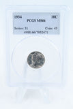 1934-P PCGS MS66 Mercury Dime Business Strike 10C