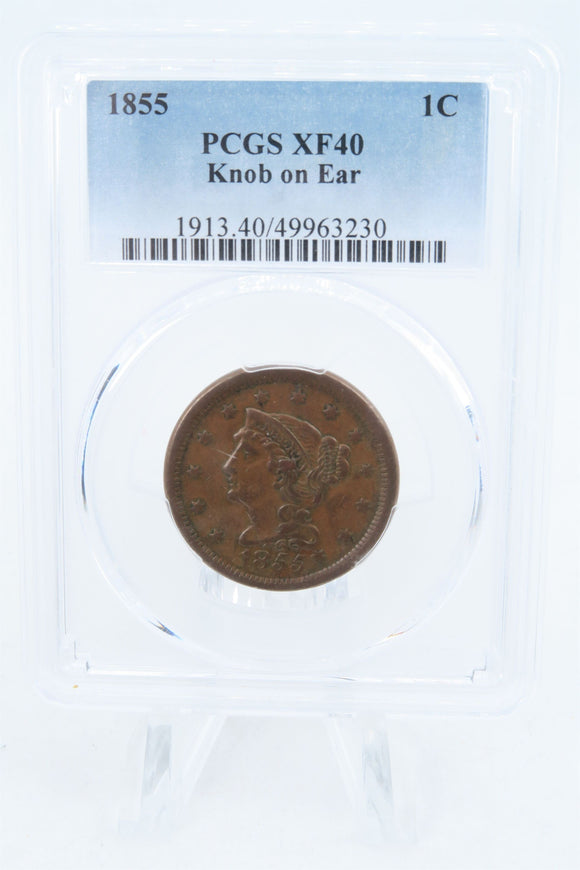 1855-P PCGS XF40BN Knob on Ear Braided Hair Cent Business Strike 1C