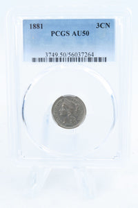 1881-P PCGS AU50 Three (3) Cent Nickel Business Strike 3CN