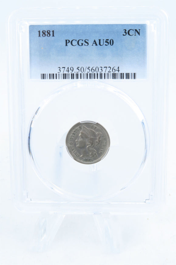1881-P PCGS AU50 Three (3) Cent Nickel Business Strike 3CN