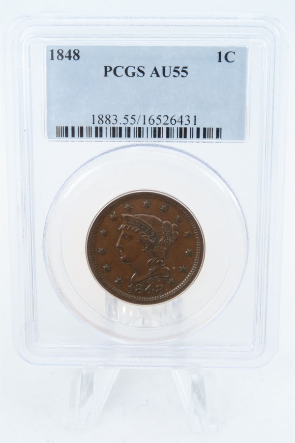 1848-P PCGS AU55BN Braided Hair Cent Business Strike 1C