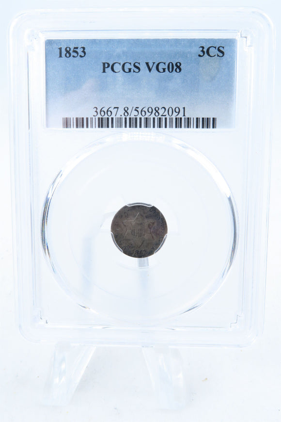 1853-P PCGS VG08 Three (3) Cent Silver Business Strike 3CS