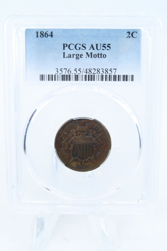 1864-P PCGS AU55BN Large Motto Two (2) Cent Piece Business Strike 2C