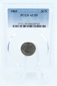 1865-P PCGS AU55 Three (3) Cent Nickel Business Strike 3CN