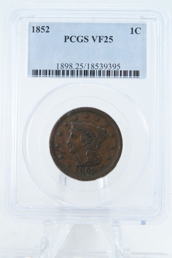 1852-P PCGS VF25BN Braided Hair Cent Business Strike 1C