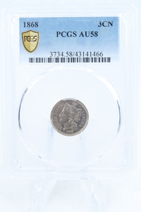 1868-P PCGS AU58 Three (3) Cent Nickel Business Strike 3CN