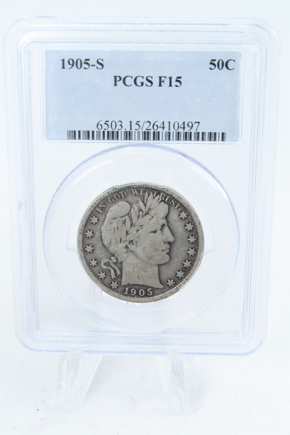 1905-S PCGS F15 Barber Half Dollar Business Strike 50C