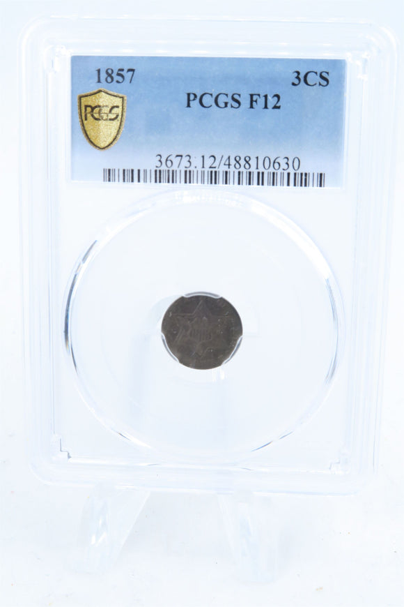 1857-P PCGS F12 Three (3) Cent Silver Business Strike 3CS