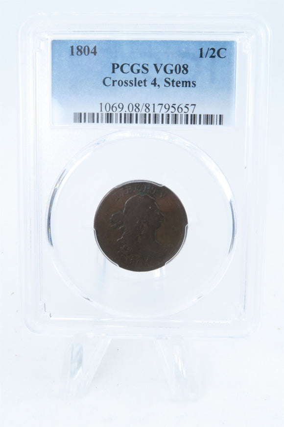 1804-P PCGS VG08BN Crosslet 4 Stems Draped Bust Half Cent Business Strike