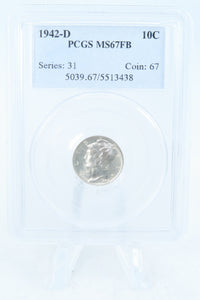 1942-D PCGS MS67FB Mercury Dime Business Strike 10C