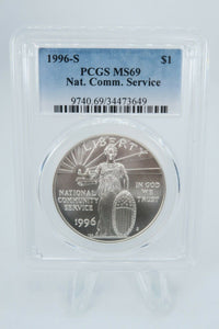 1996-S PCGS MS69 National Community Service Silver Dollar Business Strike $1